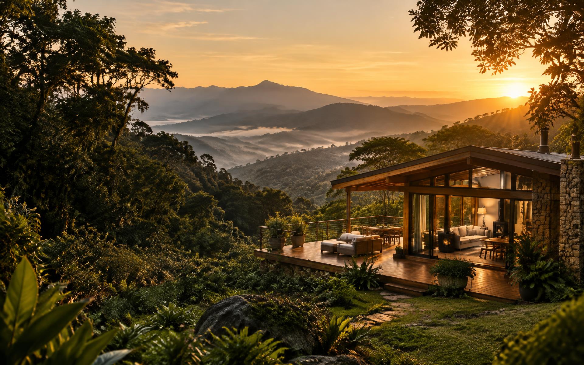 Cabana entre montanhas brasileiras ao nascer do sol